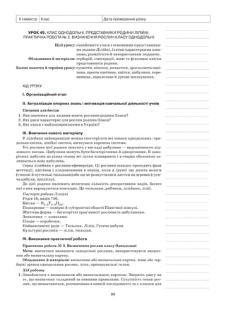 99
ІІ семестр Клас Дата проведення уроку
Урок 49. Клас Однодольні. Представники родини Лілійні.
Практична робота № 3. Визначення рослин класу Однодольні
	 Цілі уроку:	ознайомити учнів з основними представника­
ми родини Лілійні, їхніми характерними озна­
ками, розмаїтістю й використанням людиною.
	Обладнання й матеріали:	гербарій, ілюстрації, живі та фіксовані квітки
представників родини.
	Базові поняття й терміни уроку:	суцвіття, віночок, пелюстки, зрослолиста оцві-
тина, проста оцвітина, квітки, цибулини, коре-
невища, паралельне й дугове жилкування.
Хід уроку
І. Організаційний етап
II. Актуалізація опорних знань і мотивація навчальної діяльності учнів
Питання для бесіди
1. Яке значення для людини мають рослини родини Злаки?
2. Які риси характерні для рослин родини Злаки?
3. Які злаки є найпоширенішими в Україні?
III. Вивчення нового матеріалу
У лілейних найвиразніше можна спостерігати всі ознаки однодольних: три-
дольна квітка, лінійні листки, мичкувата коренева система.
Усі рослини цієї родини зимують у вигляді цибулини — видозміненого під-
земного пагона. Цибулини можуть бути багаторічними й однорічними. В одно-
річних цибулин до кінця сезону всі луски відмирають і в старих оболонках за-
лишається нова цибулина.
Серед лілейних є рослини-ефемероїди. Ці рослини швидко проходять фази
вегетації, цвітіння і плодоношення в період, коли в ґрунті ще досить вологи
(степові й пустельні тюльпани) або ще не розпустилися листки на деревах (гуся-
ча цибуля, проліска).
До цієї родини належить величезна кількість декоративних видів, багато
які з них вирощуються повсюдно. Це тюльпани, рябчики, лілійник, лілії.
Паспорт родини Лілійні
Родів 10, видів 750.
Квітка — О3+3Т3+3П(3).
Поширення — помірні й субтропічні області Північної півкулі.
Життєва форма — багаторічні трав’янисті рослини із цибулинами.
Запилення — комахами.
Плоди — коробочки.
Найважливіші роди — Тюльпан, Лілія, Гусяча цибуля.
Культурні рослини — лілія, тюльпан.
IV. Виконання практичної роботи
Практична робота № 3. Визначення рослин класу Однодольні
Мета: навчитися визначати однодольні рослини, використовуючи визнач­
ник або визначальну картку.
Обладнання й матеріали: визначник або визначальна картка, живі або гер-
барні зразки однодольних рослин, лупа, препарувальні голки.
Хід роботи
1.	Ознайомтеся з визначником або визначальною карткою. Зверніть увагу на
те, що визначник складений за певними правилами. Сукупність ознак рос-
лин, що визначаються, розташована в певній послідовності та є ключем для
 