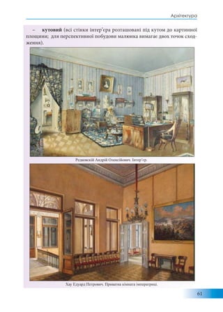 61
Архітектура
– кутовий (всі стінки інтер’єра розташовані під кутом до картинної
площини; для перспективної побудови малюнка вимагає двох точок сход-
ження).
Хау Едуард Петрович. Приватна кімната імператриці.
Редковскій Андрій Олексійович. Інтер’єр.
 