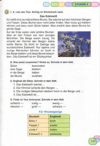 1. A. Lies den Text. Schlag im Wörterbuch nach.
Das Edelweiß
So heißt eine wunderschöne Blume. Sie wächst auf den höchsten Bergen
und Felsen. Diese Blume kann nicht jeder finden. Man muss gut klettern
können und dazu noch Glück haben. Man erzählt über diese Blume fol­
gende Sage.
Auf der Erde waren viele schöne Blumen.
Aber an den Felsen war kein einziges
Blümchen. Die Berge waren traurig. Da
schenkt der Himmel den Bergen kleine
weiße Sterne. So blüht im Gebirge das
wunderschöne Edelweiß. Nur tapfere und
mutige Menschen können so hoch in
die Berge klettern und diese Blume bewun­
dern. Das Edelweiß ist ein Glücksymbol.
B. Was passt zusammen? Ordne zu. Schreib in dein Heft.
Glück bewundern
eine Sage klettern
in die Berge haben
die Blume erzählen
C. Ergänze die Sätze. Schreib in dein Heft.
1. Das Edelweiß wächst...
2. Der Himmel schenkt den Bergen ...
3. Die mutigen Menschen klettern hoch in die Berge und
4. Das Edelweiß is t...
D. Finde im Text Antonyme. Schreib in dein Heft.
schlecht
hässlich ■
lustig —
groß —
wenig —
schwarz
Für Wissbegierige
Deutsch Englisch
Birke f birch
Pappel f poplar
Linde f linden
Edelweiß n edelweiss
 