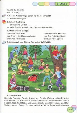 STUNDE 5
Kannst du singen?
Bist du ein(e) ...?
| y V 4. Hör zu. Welche Vögel sehen die Kinder im Wald?
— Sie sehen ein(e)n ...
5. A. Lest den Dialog.
— Ist das eine Linde?
— Nein. Das ist keine Linde, sondern eine Weide.
B. Macht weitere Dialoge.
die Eiche / die Birke die Elster / der Kuckuck
der Ahorn / der Kastanienbaum der Star / die Nachtigall
die Linde / die Espe die Eule / der Specht
6. A. Schau dir das Bildan. Was siehst du? Erzähle.
B. Lies den Text.
Heute ist Sonntag. Familie Krause und Familie Walter machen Picknick.
Frau Krause und Frau Walter machen das Essen. Oiaf und Peter spielen
Fußball. Gabi hört Radio. Die Musik ist sehr laut. Herr Krause und Herr
Walter machen Feuer. Thomas klettert auf einen Baum und schneidet
—
 