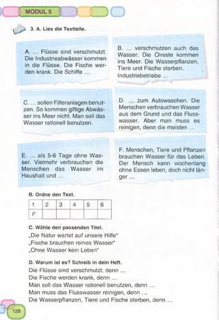 MODULS
3. A. Lies die Textteile.
A. ... Flüsse sind verschmutzt.
Die Industrieabwässer kommen
in die Flüsse. Die Fische wer­
den krank. Die Schiffe ...
B. ... verschmutzen auch das
Wasser. Die Ölreste kommen
ins Meer. Die Wasserpflanzen,
Tiere und Fische sterben.
Industriebetriebe ...
C .... sollen Filteranlagen benut­
zen. So kommen giftige Abwäs­
ser ins Meer nicht. Man soll das
Wasser rationell benutzen.
D. ... zum Autowäschen. Die
Menschen verbrauchen Wasser
aus dem Grund und das Fluss­
wasser. Aber man muss es
reinigen, denn die meisten ...
E. ... als 5-6 Tage ohne Was­
ser. Vielmehr verbrauchen die
Menschen das Wasser im
Haushalt und ...
F. Menschen, Tiere und Pflanzen
brauchen Wasser für das Leben.
Der Mensch kann wochenlang
ohne Essen leben, doch nicht län­
ger ...
B. Ordne den Text.
1 2 3 4 5 6
F
C. Wähle den passenden Titel.
„Die Natur wartet auf unsere Hilfe“
„Fische brauchen reines Wasser“
„Ohne Wasser kein Leben“
D. Warum ist es? Schreib in dein Heft.
Die Flüsse sind verschmutzt, denn ...
Die Fische werden krank, denn ...
Man soll das Wasser rationell benutzen, denn ...
Man muss das Flusswasser reinigen, denn ...
Die Wasserpflanzen, Tiere und Fische sterben, denn ...
 