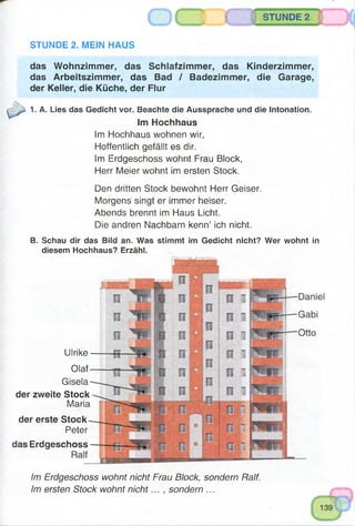 STUNDE 2. MEIN HAUS
das Wohnzimmer, das Schlafzimmer, das Kinderzimmer,
das Arbeitszimmer, das Bad / Badezimmer, die Garage,
der Keller, die Küche, der Flur
1. A. Lies das Gedicht vor. Beachte die Aussprache und die Intonation.
Im Hochhaus
Im Hochhaus wohnen wir,
Hoffentlich gefällt es dir.
Im Erdgeschoss wohnt Frau Block,
Herr Meier wohnt im ersten Stock.
Den dritten Stock bewohnt Herr Geiser.
Morgens singt er immer heiser.
Abends brennt im Haus Licht.
Die andren Nachbarn kenn’ ich nicht.
STUNDE 2
B. Schau dir das Bild an. Was stimmt im Gedicht nicht? Wer wohnt in
diesem Hochhaus? Erzähl.
Ulrike
Olaf
Gisela
der zweite Stock
Maria
der erste Stock
Peter
das Erdgeschoss
Im Erdgeschoss wohnt nicht Frau Block, sondern Ralf.
Im ersten Stock wohnt nicht... , sondern ...
**
 