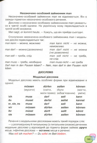 Неозначено-особовий займенник man
Неозначено-особовий займенник man не відмінюється. Він є
завжди підметом неозначено-особового речення.
Дієслово з неозначено-особовим займенником man уживаєть­
ся в третій особі однини. На українську мову перекладається в
третій особі множини.
Man sagt, er kommt heute. — Кажуть, що він прийде сьогодні.
Сполучення неозначено-особового займенника man і модаль­
них дієслів перекладаються так:
man kann —можна, можливо man kann nicht —не можна,
неможливо
man darf —можна (дозволено) man darf nicht —не можна
(не дозволено)
man soll —треба, слід man soll nicht —не треба,
не слід
man muss —треба, необхідноman muss nicht —не треба
Darf man in den Pausen toben? — Nein, man darf in den Pausen nicht
toben.
ДІЄСЛОВО
Модальні дієслова
Модальні дієслова мають особливі форми при відмінюванні в
однині:
müssen dürfen sollen können
(мусити) (сміти, (бути (могти
мати право) зобов’язаним) уміти)
ich muss darf soll kann
du musst darfst sollst kannst
er, sie, es muss darf soll kann
wir müssen dürfen sollen können
ihr müsst dürft sollt könnt
sie müssen dürfen sollen können
Речення з модальними дієсловами мають такий порядок слів:
— у розповідному й питальному (з питальним словом) реченнях
модальне дієслово у відповідній до підмета формі займає друге
місце, інфінітив дієслова — останнє місце в реченні:
Was soll ich machen? — Du sollst im Bett bleiben.
 