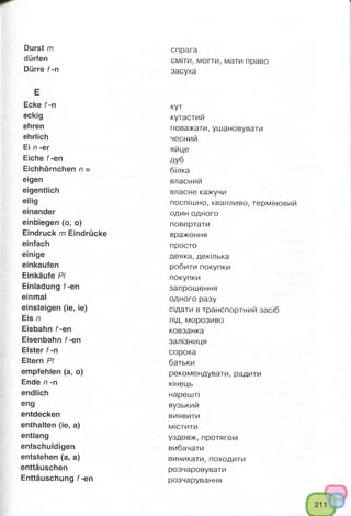 Durst m
dürfen
Dürre f-n
E
Ecke f-n
eckig
ehren
ehrlich
Ei n -er
Eiche f-en
Eichhörnchen n =
eigen
eigentlich
eilig
einander
einbiegen (o, o)
Eindruck m Eindrücke
einfach
einige
einkaufen
Einkäufe PI
Einladung f-en
einmal
einsteigen (ie, ie)
Eis n
Eisbahn f-en
Eisenbahn f-en
Elster f-n
Eltern PI
empfehlen (a, o)
Ende n -n
endlich
eng
entdecken
enthalten (ie, a)
entlang
entschuldigen
entstehen (a, a)
enttäuschen
Enttäuschung f-en
спрага
сміти, могти, мати право
засуха
кут
кутастий
поважати, ушановувати
чесний
яйце
дуб
білка
власний
власне кажучи
поспішно, квапливо, терміновий
один одного
повертати
враження
просто
деяка, декілька
робити покупки
покупки
запрошення
одного разу
сідати втранспортний засіб
лід, морозиво
ковзанка
залізниця
сорока
батьки
рекомендувати, радити
кінець
нарешті
вузький
виявити
містити
уздовж, протягом
вибачати
виникати, походити
розчаровувати
розчарування
 
