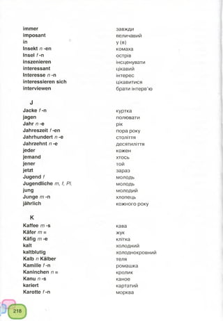 immer
imposant
in
Insekt n -en
Insel f-n
inszenieren
interessant
Interesse n -n
interessieren sich
interviewen
J
Jacke f-n
jagen
Jahr n -e
Jahreszeit f-en
Jahrhundert n -e
Jahrzehnt n -e
jeder
jemand
jener
jetzt
Jugend f
Jugendliche m, f, PI.
jung
Junge m -n
jährlich
K
Kaffee m -s
Käfer m =
Käfig m -e
kalt
kaltblütig
Kalb n Kälber
Kamille f-n
Kaninchen n =
Kanu n -s
kariert
Karotte f-n
завжди
величавий
У (в)
комаха
острів
інсценувати
цікавий
інтерес
цікавитися
брати інтерв’ю
куртка
полювати
рік
пора року
століття
десятиліття
кожен
хтось
той
зараз
молодь
молодь
молодий
хлопець
кожного року
кава
жук
клітка
холодний
холоднокровний
теля
ромашка
кролик
каное
картатий
морква
 