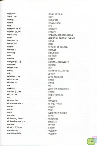 welcher
Welt f-en
wenig
wenn
wer
werden (u, o)
werfen (a, o)
Werk n -e
wert
Westen m
Wette f-n
wetten
Wetter n
wichtig
wie
wieder
wiegen (o, o)
wiehern
Wiese f-n
wieso
wild
Wildtier n -e
Wind m -e
Winter m
wir
wirklich
wissen (u, u)
Witz m -e
wo
Woche f-n
Wochenende n
woher
wohin
wohl
wohnen
Wohnung f-en
Wohnzimmer n
wollen
Wort n Wörter
wunderbar
wunderschön
який,котрий
світ
небагато
якщо, коли
хто
ставати
кидати
справа, робота; завод
дорогий; вартий, гідний
захід
парі
битися об заклад
погода
важливий
як, який
знову
важити, зважувати
іржати
луг
яким чином, як так
дикий
дика тварина
вітер
зима
ми
дійсний, справжній
знати
жарт, усмішка
де
тиждень
кінець тижня
звідки
куди
здоровий; добре
жити
квартира
вітальня
хотіти
слово
чудовий
чудовий
 