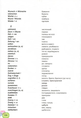 Wunsch m Wünsche
wünschen
Würfel /77=
Wurst f Würste
Wüste f-n
Z
zahlreich
Zaun /77 Zäune
Zeh /77 -en
zeigen
Zeit f-en
Zeitung f-en
zelten
zerbrechen (a, o)
zerstören
ziehen (o, o)
ziemlich
zieren
Zimmer /7=
Zitrone f-n
zu
zubereiten
Zucker /77
zuerst
Zufriedenheit f
Zug m Züge
zugreifen (i, i)
zuhören
zurück
zusammen
Zuschauer m =
zuschlagen (u, a)
zustimmen
Zutaten PI
zwei
Zwerg /77 -e
Zweig m -e
Zwiebel f-n
zwischen
zwitschern
бажання
бажати
кубик
ковбаса
пустеля
численний
паркан
палець на нозі
показувати
час
газета
жити в наметі
ламати, розбивати
руйнувати, псувати
тягти; переїжджати
доволі
прикрашати
кімната
лимон
до;занадто
готувати
цукор
спочатку
задоволення
поїзд
хапати, брати; братися (до чого)
слухати, прислухатися
назад
разом
глядач
зачиняти, закривати
погоджуватися, схвалювати
приправи
два
гном
гілка; галузь
цибуля
між, серед
щебетати
 