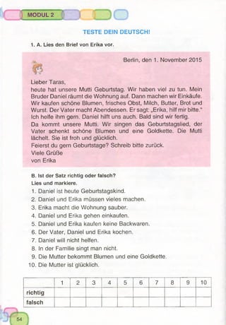 MODUL 2
TESTE DEIN DEUTSCH!
1. A. Lies den Brief von Erika vor.
Berlin, den 1. November 2015
Lieber Taras,
heute hat unsere Mutti Geburtstag. Wir haben viel zu tun. Mein
Bruder Daniel räumt die Wohnung auf. Dann machen wir Einkäufe.
Wir kaufen schöne Blumen, frisches Obst, Milch, Butter, Brot und
Wurst. Der Vater macht Abendessen. Er sagt: „Erika, hilf mir bitte.“
Ich helfe ihm gern. Daniel hilft uns auch. Bald sind wir fertig.
Da kommt unsere Mutti. Wir singen das Geburtstagslied, der
Vater schenkt schöne Blumen und eine Goldkette. Die Mutti
lächelt. Sie ist froh und glücklich.
Feierst du gern Geburtstage? Schreib bitte zurück.
Viele Grüße
von Erika
B. Ist der Satz richtig oder falsch?
Lies und markiere.
1. Daniel ist heute Geburtstagskind.
2. Daniel und Erika müssen vieles machen.
3. Erika macht die Wohnung sauber.
4. Daniel und Erika gehen einkaufen.
5. Daniel und Erika kaufen keine Backwaren.
6. Der Vater, Daniel und Erika kochen.
7. Daniel will nicht helfen.
8. In der Familie singt man nicht.
9. Die Mutter bekommt Blumen und eine Goldkette.
10. Die Mutter ist glücklich.
1 2 3 4 5 6 7 8 9 10
richtig
falsch
 