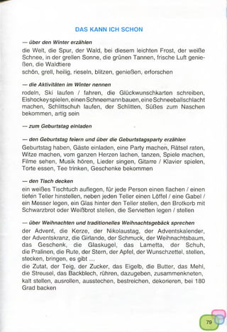 DAS KANN ICH SCHON
— über den Winter erzählen
die Welt, die Spur, der Wald, bei diesem leichten Frost, der weiße
Schnee, in der grellen Sonne, die grünen Tannen, frische Luft genie­
ßen, die Waldtiere
schön, grell, heilig, rieseln, blitzen, genießen, erforschen
— die Aktivitäten im Winter nennen
rodeln, Ski laufen / fahren, die Glückwunschkarten schreiben,
Eishockey spielen, einen Schneemann bauen, eine Schneeballschlacht
machen, Schlittschuh laufen, der Schlitten, Süßes zum Naschen
bekommen, artig sein
— zum Geburtstag einladen
— den Geburtstag feiern und über die Geburtstagsparty erzählen
Geburtstag haben, Gäste einladen, eine Party machen, Rätsel raten,
Witze machen, vom ganzen Herzen lachen, tanzen, Spiele machen,
Filme sehen, Musik hören, Lieder singen, Gitarre / Klavier spielen,
Torte essen, Tee trinken, Geschenke bekommen
— den Tisch decken
ein weißes Tischtuch auflegen, für jede Person einen flachen / einen
tiefen Teller hinstellen, neben jeden Teller einen Löffel / eine Gabel /
ein Messer legen, ein Glas hinter den Teller stellen, den Brotkorb mit
Schwarzbrot oder Weißbrot stellen, die Servietten legen / stellen
— über Weihnachten und traditionelles Weihnachtsgebäck sprechen
der Advent, die Kerze, der Nikolaustag, der Adventskalender,
der Adventskranz, die Girlande, der Schmuck, der Weihnachtsbaum,
das Geschenk, die Glaskugel, das Lametta, der Schuh,
die Pralinen, die Rute, der Stern, der Apfei, der Wunschzettel, stellen,
stecken, bringen, es gibt ...
die Zutat, der Teig, der Zucker, das Eigelb, die Butter, das Mehl,
die Streusel, das Backblech, rühren, dazugeben, zusammenkneten,
kalt stellen, ausrollen, ausstechen, bestreichen, dekorieren, bei 180
Grad backen
 