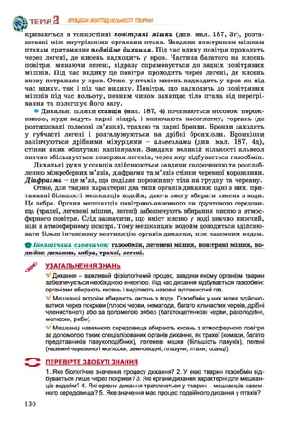 ТЕМП З ПРОЦЕСИж и гщ т ьно сп ТВАРИН
криваються в тонкостінні повітряні мішки (див. мал. 187, Зг), розта­
шовані між внутрішніми органами птаха. Завдяки повітряним мішкам
птахам притаманне подвійне дихання. Під час вдиху повітря проходить
через легені, де кисень надходить у кров. Частина багатого на кисень
повітря, минаючи легені, відразу спрямовується до задніх повітряних
мішків. Під час видиху це повітря проходить через легені, де кисень
знову потрапляє у кров. Отже, у птахів кисень надходить у кров як під
час вдиху, так і під час видиху. Повітря, що надходить до повітряних
мішків під час польоту, певним чином захищає тіло птаха від перегрі­
вання та полегшує його вагу.
• Дихальні шляхи ссавців (мал. 187, 4) починаються носовою порож­
ниною, куди ведуть парні ніздрі, і включають носоглотку, гортань (де
розташовані голосові зв’язки), трахею та парні бронхи. Бронхи заходять
у губчасті легені і розгалужуються на дрібні бронхіоли. Бронхіоли
закінчуються дрібними міхурцями - альвеолами (див. мал. 187, 4д),
стінки яких обплутані капілярами. Завдяки великій кількості альвеол
значно збільшується поверхня легенів, через яку відбувається газообмін.
Дихальні рухи у ссавців здійснюються завдяки скороченню та розслаб­
ленню міжреберних м’язів, діафрагми та м’язів стінки черевної порожнини.
Діафрагма - це м’яз, що поділяє порожнину тіла на грудну та черевну.
Отже, для тварин характерні два типи органів дихання: одні з них, при­
таманні більшості мешканців водойм, дають змогу вбирати кисень з води.
Це зябра. Органи мешканців повітряно-наземного чи ґрунтового середови­
ща (трахеї, легеневі мішки, легені) забезпечують вбирання кисню з атмос­
ферного повітря. Слід зазначити, що вміст кисню у воді значно нижчий,
ніж в атмосферному повітрі. Тому мешканцям водойм доводиться здійсню­
вати більш інтенсивну вентиляцію органів дихання, ніж наземним видам.
ф Біологічний словничок: газообмін, легеневі мішки, повітряні мішки, по­
двійне дихання, зябра> трахеї, легені.
^ УЗАГАЛЬНЕННЯ ЗНАНЬ
Дихання - важливий фізіологічний процес, завдяки якому організм тварин
забезпечується необхідною енергією. Під час дихання відбувається газообмін:
організми вбирають кисень і виділяють назовні вуглекислий газ.
Мешканці водойм вбирають кисень з води. Газообмін у них може здійсню­
ватися через покриви (плоскі черви, нематоди, багато кільчастих червів, дрібні
членистоногі) або за допомогою зябер (багатощетинкові черви, ракоподібні,
молюски, риби).
Мешканці наземного середовища вбирають кисень з атмосферного повітря
за допомогою таких спеціалізованих органів дихання, як трахеї (комахи, багато
представників павукоподібних), легеневі мішки (більшість павуків), легені
(наземні черевоногі молюски, земноводні, плазуни, птахи, ссавці).
ПЕРЕВІРТЕ ЗДОБУТІ ЗНАННЯ
1. Яке біологічне значення процесу дихання? 2. У яких тварин газообмін від­
бувається лише через покриви? 3. Які органи дихання характерні для мешкан­
ців водойм? 4. Які органи дихання трапляються у тварин - мешканців назем­
ного середовища? 5. Яке значення має процес подвійного дихання у птахів?
130
 