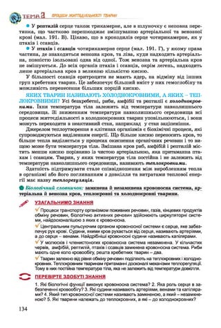 ТЕМП З ПРОЦЕСИЖИТТЄДІЯЛЬНОСТІ ТВАРИН
• У рептилій серце також трикамерне, але в шлуночку є неповна пере­
тинка, що частково перешкоджає змішуванню артеріальної та венозної
крові (мал. 191. В). Цікаво, що в крокодилів серце чотирикамерне, як у
птахів і ссавців.
• У птахів і ссавців чотирикамерне серце (мал. 191. Г), у якому права
частина, де знаходиться венозна кров, та ліва, куди надходить артеріаль­
на, повністю ізольовані одна від одної. Тож венозна та артеріальна кров
не змішуються. До всіх органів птахів і ссавців, окрім легень, надходить
лише артеріальна кров з великою кількістю кисню.
У більшості ссавців еритроцити не мають ядер, на відміну від інших
груп хребетних тварин. Це забезпечує більший вміст у них гемоглобіну та
можливість перенесення більших порцій кисню.
ЯКИХ ТВАРИН НАЗИВАЮТЬ ХОЛОДНОКРОВНИМИ, А ЯКИХ - ТЕП­
ЛОКРОВНИМИ? Усі безхребетні, риби, амфібії та рептилії є холоднокров­
ними. їхня температура тіла залежить від температури навколишнього
середовища. Зі зниженням температури навколишнього середовища всі
процеси життєдіяльності в холоднокровних тварин уповільнюються, і вони
можуть переходити в неактивний стан, наприклад у стан заціпеніння.
Джерелом теплоутворення в клітинах організмів є біохімічні процеси, які
супроводжуються виділенням енергії. Що більше кисню переносить кров, то
більше тепла виділяється у процесах окиснення органічних речовин і то ви­
щою може бути температура тіла. Змішана кров риб, амфібій і рептилій міс­
тить менше кисню порівняно із чистою артеріальною, яка притаманна пта­
хам і ссавцям. Тварин, у яких температура тіла постійна і не залежить від
температури навколишнього середовища, називають теплокровними.
Здатність підтримувати стале співвідношення між виробленням тепла
в організмі або його поглинанням з довкілля та витратами теплової енер­
гії має назву теплорегуляція.
ф Біологічний словничок: замкнена й незамкнена кровоносна система, ар­
теріальна й венозна кров, теплокровні та холоднокровні тварини.
^ УЗАГАЛЬНИМО ЗНАННЯ
Процеси транспорту організмом поживних речовин, газів, кінцевих продуктів
обміну речовин, біологічно активних речовин здійснюють циркуляторні систе­
ми, найдосконалішою з яких є кровоносна.
Центральним пульсуючим органом кровоносної системи є серце, яке забез­
печує рух крові. Судини, якими кров рухається від серця, називають артеріями,
а до серця - венами. Найдрібніші кровоносні судини називають капілярами.
У молюсків і членистоногих кровоносна система незамкнена. У кільчастих
червів, амфібій, рептилій, птахів іссавців замкнена кровоносна система. Риби
мають одне коло кровообігу, решта хребетних тварин - два.
Тварин залежно від рівня обміну речовин поділяють на теплокровних іхолодно­
кровних. Теплокровним тваринам притаманні досконалі механізми теплорегуляції.
Тому в них постійна температура тіла, яка не залежить від температури довкілля.
ПЕРЕВІРТЕ ЗДОБУТІ ЗНАННЯ
1. Які біологічні функції виконує кровоносна система? 2. Яка роль серця в за­
безпеченні кровообігу? 3. Які судини називають артеріями, венами та капіляра­
ми? 4. Який тип кровоносної системи називають замкненою, а який - незамкне-
ною? 5. Які тварини належать до теплокровних, а які - до холоднокровних?
134
 