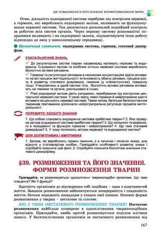 §39. РОЗМНОЖЕННЯ ТА ЙОГО ЗНАЧЕННЯ. ФОРМИ РОЗМНОЖЕННЯ ТВАРИН
о]Отже, діяльність ендокринної системи перебуває під контролем нервової,
а гормони, які виробляють ендокринні залози, впливають на функціону­
вання нервової системи. Так досягається досконалий подвійний контроль
за роботою всіх систем органів. Через нервову систему різноманітні по­
дразники впливають і на ендокринні залози, підлаштовуючи їхню роботу
відповідно до змін у навколишньому середовищі.
Ф Біологічний словничок: ендокринна система, гормони, статевий димор­
фізм.
^ УЗАГАЛЬНЕННЯ ЗНАНЬ
До регуляторних систем тварин насамперед належать нервова та ендо­
кринна. Ендокринні залози та особливі клітини нервової системи виробляють
біологічно активні речовини.
V Гормони та регуляторні речовини в незначних концентраціях здатні вплива­
ти на всі процеси життєдіяльності: інтенсивність обміну речовин, процеси рос­
ту й розвитку, статевого дозрівання, линяння (у членистоногих), поведінку
тощо. Утворюючись в одній частині тіла, біологічно активні речовини вплива­
ють на тканини та органи, розташовані в інших.
Різні ендокринні залози діють узгоджено, перебуваючи під контролем цен­
тральної нервової системи. У свою чергу, певні гормони й нейрогормони здатні
впливати на діяльність нервової системи. Таким чином, багатьом багатоклітинним
тваринам притаманна досконала нейрогуморальна регуляція процесів життє­
діяльності.
ПЕРЕВІРТЕ ЗДОБУТІ ЗНАННЯ
1. Що собою становить ендокринна система хребетних тварин? 2. Яка провід­
на залоза ендокринної системи хребетних тварин? 3. Що спільного та відмінно­
го в походженні та функціях гормонів і нейрогормонів? 4. Що таке статевий
диморфізм? 5. У чому полягають зв’язки нервової та ендокринної систем?
ДЛЯ ДОПИТЛИВИХ І КМІТЛИВИХ
1. Залози, які виробляють гормон линяння, є в личинок і лялечок комах, але
відсутні у статевозрілих особин. Пригадайте особливості розвитку комах і
спробуйте пояснити цей факт. 2. Спробуйте пояснити біологічне значення ста­
тевого диморфізму.
§39. РОЗМНОЖЕННЯ ТА ЙОГО ЗНАЧЕННЯ.
ФОРМИ РОЗМНОЖЕННЯ ТВАРИН
Пригадайте, як розмножуються одноклітинні твариноподібні організми. Що таке
плацента? Які її функції?
Здатність організмів до відтворення собі подібних - одна з властивостей
життя. Завдяки розмноженню забезпечуються неперервність і спадковість
життя: батьки передають нащадкам у спадок свої ознаки. Основні форми
розмноження у тварин - нестатеве та статеве.
ЯКІ Є ТИПИ НЕСТАТЕВОГО РОЗМНОЖЕННЯ ТВАРИН? Нестатеве
розмноження найбільш поширене в одноклітинних твариноподібних
організмів. Пригадайте, амеба протей розмножується поділом клітини
навпіл. У багатоклітинних організмів за нестатевого розмноження від
167
 