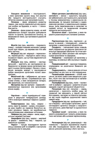 л о
Ланцюги живлення - послідовності,
у яких організми одного виду, їхні рештки
або продукти життєдіяльності слугують
об’єктом живлення для організмів іншого.
Личинка - фаза непрямого розвитку
тварин, яка значно відрізняється від дорос­
лих особин за будовою, а часто - і спосо­
бом життя.
Лялечка - фаза розвитку комах, на якій
відбуваються складні процеси руйнування
тканин та органів, притаманних личинці, та
формування таких, що притаманні дорослій
особині.
М
Мантія (від грец. мантіон - покривало,
плащ) - складка покривів молюсків і деяких
інших груп тварин, що вкриває все тіло або
його частину.
Міграція (від лат. міграцій - переселен­
ня, переміщення) - періодичні зміни місць
існування тварин, що суттєво відрізняються
між собою.
Мімікрія (від грец. мімікос - насліду­
вальний) - здатність до наслідування за­
барвлення чи форми одних організмів (мо­
делі) іншими (імітаторами). Одним з поши­
рених випадків мімікрії є наслідування
добре захищених організмів погано захи­
щеними.
Мозаїчний зір - зображення, що вини­
кає з окремих частин. Сприймаються про­
стими очима, з яких складаються складні,
або фасеткові, очі членистоногих.
Мутуалізм (від лат. мутуюс - взаємний) -
взаємовигідні відносини між організмами
різних видів).
Н
Научіння - зміна індивідуальної пове­
дінки в результаті попереднього досвіду,
тобто внаслідок взаємодії тварини з довкіл­
лям.
Нейрогормони (від грец. неврон -
жила, нерв та гормао - рухаю, спонукаю) -
за дією подібні до гормонів біологічно ак­
тивні речовини тварин, які виробляються
спеціалізованими нервовими клітинами.
Нейрони (від грец. неврон-жила, нерв) -
клітини нервової системи.
Некрофаги (від грец. некрос - мертвий
та фагос - живлення, їжа) - тварини, що
живляться трупами.
Нерест - процес відкладання ікринок
(яєць) самками риб та амфібій з наступним
заплідненням їх самцями.
Обмін речовин (метаболізм) (від грец.
метаболе - зміна) - сукупність процесів,
які забезпечують життєдіяльність організмів
у тісному взаємозв'язку з навколишнім се­
редовищем. Ці процеси пов’язані з надхо­
дженням речовин з навколишнього середо­
вища, їхнім перетворенням в організмі чи
окремій клітині та видаленням кінцевих
продуктів життєдіяльності.
Остаточні хазяї - організми, у яких па­
разити розмножуються статевим шляхом.
П
Партеногенез (від грец. партенос - ді­
вчина та генезіс - походження) - розвиток
організму з незаплідненої яйцеклітини.
Плацента - тимчасовий орган ссавців,
який утворюється за рахунок зростання зо­
внішньої зародкової оболонки та стінки мат­
ки; забезпечує обмін речовин між материн­
ським організмом та зародком.
Поведінка - спрямовані дії організму у
відповідь на зовнішні або внутрішні подраз­
ники.
Поведінковий акт - одиниця поведінки,
спрямована на досягнення бажаного ре­
зультату.
Подразливість - певна реакція клітини
(організму) на дію того чи того подразника.
Позакишкове травлення - спосіб жив­
лення, за якого травні соки вводяться у здо­
бич, після чого 'їжа поглинається в напівпе-
ретравленому стані.
Поліембріонія (від грец. поліс - числен­
ний та ембріон- зародок) - розвиток кількох
зародків з однієї заплідненої яйцеклітини.
Популяція (від лат. популюс - народ,
населення) - сукупність особин виду, які
тривалий час мешкають у певній частині
його ареалу, частково чи повністю ізольова­
но від інших подібних сукупностей такого
самого виду.
Продуценти (від лат. продуцентіс - той,
що створює) - автотрофні організми, здатні
синтезувати органічні сполуки з неорганіч­
них (рослини, деякі бактерії та одноклітинні
тварини).
Проміжні хазяї - організми, у яких па­
разити розвиваються і можуть розмножува­
тися нестатево або шляхом партеногенезу.
Р
Регенерація (від лат. регенерацій - від­
новлення) - процеси відновлення втраче­
них або пошкоджених частин або відтво­
рення цілісного організму з його частини.
253
 