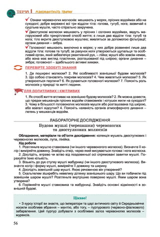 Ознаки черевоногих молюсків: мешкають у морях, прісних водоймах або на
суходолі; добре виражені всі три відділи тіла: голова, тулуб, нога; зазвичай є
суцільна мушля, часто спірально закручена.
V Двостулкові молюски мешкають у прісних і солоних водоймах, ведуть ма­
лорухомий або прикріплений спосіб життя; є лише два відділи тіла: тулуб та
нога; тіло вкрите двостулковою мушлею; живляться за допомогою фільтрації;
органи дихання - зябра.
Головоногі мешкають виключно в морях; у них добре розвинені лише два
відділи тіла: голова та тулуб; за рахунок ноги утворюються щупальця та особ­
ливий орган, який забезпечує реактивний рух, - лійка; мушлі або зовсім немає,
або вона має вигляд пластинки, розташованої під шкірою; органи дихання -
зябра; головоногі - здебільшого активні хижаки.
З ї ПЕРЕВІРТЕ ЗДОБУТІ ЗНАННЯ
1. Де поширені молюски? 2. Які особливості зовнішньої будови молюсків?
3. Що собою становлять покриви молюсків? 4. Чим живляться молюски? 5. Як
утворюються перлини? 6. Як рухаються головоногі молюски? 7. Поясніть роль
молюсків у природі та житті людини.
ТЕМП 1________________
ДЛЯ ДОПИТЛИВИХ І КМІТЛИВИХ
1. Як спосіб життя впливає на зовнішню будову молюсків? 2. Як можна довести,
що предки мешканців прісних водойм ставковиків і котушок жили на суходолі?
3. Чому в більшості головоногих молюсків мушля або розташована під шкірою,
або взагалі відсутня? 4. Поясніть наявність органів атмосферного дихання -
легень у мешканців водойм.
__________________ ЛАБОРАТОРНЕДОСЛІДЖЕННЯ___________________
Будова мушлі (черепашки) черевоногих
та двостулкових молюсків
Обладнання, матеріали та об’єкти дослідження: колекція мушель двостулкових і
черевоногих молюсків, лупа, лінійка.
Хід роботи
1. Розгляньте мушлю ставковика (чи іншого черевоногого молюска). Визначте її ко­
лір і виміряйте довжину. Знайдіть отвір, через який висувається голова і нога молюска.
2. Дослідіть, вправо чи вліво від поздовжньої осі спрямовані завитки мушлі. По­
рахуйте їхню кількість.
3. Візьміть до рук стулку мушлі жабурниці (чи іншого двостулкового молюска). Ви­
значте колір і форму мушлі, виміряйте її довжину та ширину.
4. Дослідіть зовнішній шар мушлі. Якою речовиною він утворений?
5. Скальпелем зішкребіть невелику ділянку зовнішнього шару. Що ви побачили під
зовнішнім шаром мушлі? Розгляньте внутрішню поверхню мушлі. Яким шаром вона
утворена?
6. Порівняйте мушлі ставковика та жабурниці. Знайдіть основні відмінності в зо­
внішній будові.
Цікаво!
• 3 курсу історії ви знаєте, що імператори та царі античного світу й Середньовіччя
носили особливе вбрання - мантію, або тогу, - пурпурового (червоно-фіалкового)
забарвлення. Цей пурпур добували з особливих залоз черевоногих молюсків -
мурексів.
56
 