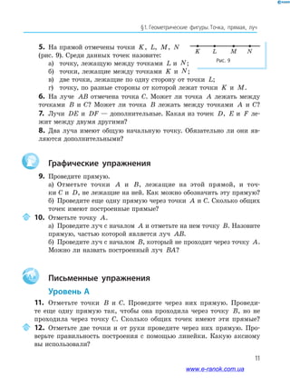 11
§﻿1.﻿﻿Геометрические﻿ фигуры.﻿Точка,﻿ прямая,﻿ луч﻿
5. На прямой отмечены точки K, L, M, N
(рис. 9). Среди данных точек назовите:
а) точку, лежащую между точками L и N;
б) точки, лежащие между точками K и N;
в) две точки, лежащие по одну сторону от точки L;
г) точку, по разные стороны от которой лежат точки K и M.
6. На луче AB отмечена точка С. Может ли точка A лежать между
точками B и С? Может ли точка B лежать между точками A и С?
7. Лучи DE и DF — дополнительные. Какая из точек D, E и F ле-
жит между двумя другими?
8. Два луча имеют общую начальную точку. Обязательно ли они яв-
ляются дополнительными?
Графические упражнения
9. Проведите прямую.
а) Отметьте точки A и B, лежащие на этой прямой, и точ-
ки С и D, не лежащие на ней. Как можно обозначить эту прямую?
б) Проведите еще одну прямую через точки A и С. Сколько общих
точек имеют построенные прямые?
10. Отметьте точку A.
а) Проведите луч с началом A и отметьте на нем точку B. Назовите
прямую, частью которой является луч AB.
б) Проведите луч с началом B, который не проходит через точку A.
Можно ли назвать построенный луч BA?
Aa Письменные упражнения
Уровень А
11. Отметьте точки B и С. Проведите через них прямую. Проведи-
те еще одну прямую так, чтобы она проходила через точку B, но не
проходила через точку С. Сколько общих точек имеют эти прямые?
12. Отметьте две точки и от руки проведите через них прямую. Про-
верьте правильность построения с помощью линейки. Какую аксиому
вы использовали?
K NL M
Рис. 9
www.e-ranok.com.ua
 