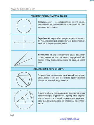 206
Раздел ІІІ. Окружность и круг
Геометрические места точек
Окружность — геометрическое место точек,
удаленных от данной точки плоскости на оди­
наковое расстояние
Серединный перпендикуляр к отрезку являет­
ся геометрическим местом точек, равноудален­
ных от концов этого отрезка
Биссектриса неразвернутого угла является
гео­метрическим местом точек внутренней об­
ласти угла, равноудаленных от сторон этого
угла
Описанная окружность
Окружность называется описанной около тре­
угольника, если все вершины треугольника
лежат на данной окружности
Около любого треугольника можно описать
единственную окружность. Центр этой окруж­
ности является точкой пересечения середин­
ных перпендикуляров к сторонам треуголь­
ника
206
www.e-ranok.com.ua
 