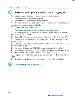 212
Раздел ІІІ. Окружность и круг
	Тематика сообщений и рефератов к разделу IІІ
1.	 Окружность в математических играх и головоломках.
2.	 Касание двух и трех окружностей.
3.	 Вневписанная окружность треугольника.
4.	 Методы геометрических построений. Построения, выполненные
только циркулем, только линейкой.
5.	 Геометрические места точек.
Рекомендованные источники информации
1.	 Александров И. И. Сборник геометрических задач на построе­
ние. — М. : УРСС, 2004.
2.	 Бурда М. І. Розв’язування задач на побудову. — К. : Рад. шк., 1986.
3.	 Гарднер М. Математические головоломки и развлечения. — М. :
Оникс, 1994.
4.	 Глейзер Г. И. История математики в школе. VII–VIII кл. — М. :
Просвещение, 1982.
5.	 Интернет-библиотека МЦНМО. http://mccme.ru/free-books/
6.	 Методика розв’язування задач на побудову / О. М. Астряб, О. С. Смо­
горжевський, М. Б. Гельфанд та ін. — К. : Рад. шк., 1960.
7.	 Перельман Я. И. Занимательная геометрия. — М. : Физматгиз,
1959.
8.	 Тесленко І. Ф. Геометричні побудови. — К. : Рад. шк., 1956.
		Видеоматериалы к разделу III
www.e-ranok.com.ua
 