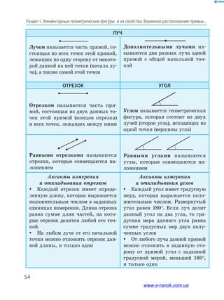 54
Раздел І. Элементарные геометрические фигуры  и их свойства. Взаимное расположение прямых...
Луч
Лучом называется часть прямой, со-
стоящая из всех точек этой прямой,
лежащих по одну сторону от некото-
рой данной на ней точки (начала лу-
ча), а также самой этой точки
Дополнительными лучами на-
зываются два разных луча одной
прямой с общей начальной точ-
кой
Отрезок Угол
Отрезком называется часть пря-
мой, состоящая из двух данных то-
чек этой прямой (концов отрезка)
и всех точек, лежащих между ними
Углом называется геометрическая
фигура, которая состоит из двух
лучей (сторон угла), исходящих из
одной точки (вершины угла)
Равными отрезками называются
отрезки, которые совмещаются на-
ложением
Равными углами называются
углы, которые совмещаются на-
ложением
Аксиомы измерения
и откладывания отрезков
yy Каждый отрезок имеет опреде-
ленную длину, которая выражается
положительным числом в заданных
единицах измерения. Длина отрезка
равна сумме длин частей, на кото-
рые отрезок делится любой его точ-
кой.
yy На любом луче от его начальной
точки можно отложить отрезок дан-
ной длины, и только один
Аксиомы измерения
и откладывания углов
yy Каждый угол имеет градусную
меру, которая выражается поло-
жительным числом. Развернутый
угол равен 180°. Если луч делит
данный угол на два угла, то гра-
дусная мера данного угла равна
сумме градусных мер двух полу-
ченных углов
yy От любого луча данной прямой
можно отложить в заданную сто-
рону от прямой угол с заданной
градусной мерой, меньшей 180°,
и только один
54
www.e-ranok.com.ua
 