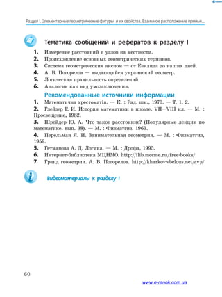 60
Раздел І. Элементарные геометрические фигуры  и их свойства. Взаимное расположение прямых...
	Тематика сообщений и рефератов к разделу I
1.	 Измерение расстояний и углов на местности.
2.	 Происхождение основных геометрических терминов.
3.	 Система геометрических аксиом — от Евклида до наших дней.
4.	 А. В. Погорелов — выдающийся украинский геометр.
5.	 Логическая правильность определений.
6.	 Аналогия как вид умозаключения.
Рекомендованные источники информации
1.	 Математична хрестоматія. — К. : Рад. шк., 1970. — Т. 1, 2.
2.	 Глейзер Г. И. История математики в школе. VII—VIII кл. — М. :
Просвещение, 1982.
3.	 Шрейдер Ю. А. Что такое расстояние? (Популярные лекции по
математике, вып. 38). — М. : Физматгиз, 1963.
4.	 Перельман Я. И. Занимательная геометрия. — М. : Физматгиз,
1959.
5.	 Гетманова А. Д. Логика. — М. : Дрофа, 1995.
6.	 Интернет-библиотека МЦНМО. http://ilib.mccme.ru/free-books/
7.	 Гранд геометрии. А. В. Погорелов. http://kharkov.vbelous.net/avp/
		Видеоматериалы к разделу I
www.e-ranok.com.ua
 