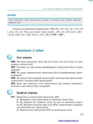 135
§ 16. Сума кутів трикутника. Зовнішній кут трикутника
Наслідок
Сума зовнішніх кутів трикутника, взятих по одному при кожній вершині,
дорівнює 360°.
Справді, за доведеною теоремою (рис. 146) ∠ = ∠ + ∠6 1 2, ∠ = ∠ + ∠4 2 3
і ∠ = ∠ + ∠5 1 3. Тоді для їхньої суми маємо: ∠ + ∠ + ∠ = ∠ + ∠( )+ ∠ + ∠( )+6 4 5 1 2 2 3
∠ + ∠ )+ ∠ + ∠( )+ ∠ + ∠( )=1 2 2 3 1 3 = ∠ + ∠ + ∠( )= ⋅ ° = °2 1 2 3 2 180 360 .
	 Запитання й задачі
		Усні вправи
406.	Чи може трикутник мати три тупі кути; два тупі кути; не мати
жодного тупого кута?
407.	 Чи може кут при основі рівнобедреного трикутника бути тупим;
прямим?
408.	Чи може прямокутний трикутник бути рівнобедреним; рівно­
стороннім?
409.	Чи можуть бути рівними тупокутний і прямокутний трикутники;
тупокутний і гострокутний трикутники?
410.	 Дано три зовнішні кути трикутника при різних вершинах.
Скільки з них можуть бути гострими?
		Графічні вправи
411.	 Накресліть гострокутний трикутник ABC.
а)	 Виміряйте кути трикутника та обчисліть їхню суму.
б)	 На промені AC позначте точку D, яка не належить відріз-
ку AC. Визначте градусну міру кута BCD, користуючись теоремою
про зовнішній кут трикутника.
в)	 Визначте вид трикутника BCD за величиною кутів.
www.e-ranok.com.ua
 