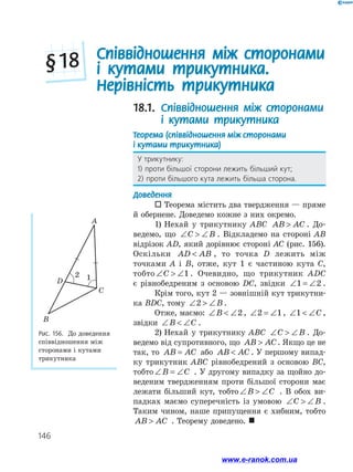 146
Співвідношення між сторонами
і кутами трикутника.
Нерівність трикутника
§ 18
18.1. Співвідношення між cторонами
і кутами трикутника
Теорема (співвідношення між сторонами
і кутами трикутника)
У трикутнику:
1) проти більшої сторони лежить більший кут;
2) проти більшого кута лежить більша сторона.
Доведення
 Теорема містить два твердження — пряме
й обернене. Доведемо кожне з них окремо.
1)	Нехай у трикутнику ABC AB AC . До­
ведемо, що ∠  ∠C B . Відкладемо на стороні AB
відрізок AD, який дорівнює стороні AC (рис. 156).
Оскільки AD AB , то точка D лежить між
точками A і B, отже, кут 1 є частиною кута C,
тобто ∠  ∠C 1 . Очевидно, що трикутник ADC
є рівнобедреним з основою DC, звідки ∠ = ∠1 2 .
Крім того, кут 2 — зовнішній кут трикутни­
ка BDC, тому ∠  ∠2 B .
Отже, маємо: ∠  ∠B 2 , ∠ = ∠2 1, ∠  ∠1 C ,
звідки ∠  ∠B C .
2)	Нехай у трикутнику ABC ∠  ∠C B . До­
ведемо від супротивного, що AB AC . Якщо це не
так, то AB AC= або AB AC . У першому випад­
ку трикутник ABC рівнобедрений з основою BC,
тобто ∠ = ∠B C . У другому випадку за щойно до­
веденим твердженням проти більшої сторони має
лежати більший кут, тобто ∠  ∠B C . В обох ви­
падках маємо суперечність із умовою ∠  ∠C B .
Таким чином, наше припущення є хибним, тобто
AB AC . Теорему доведено. 
Рис. 156. До доведення
співвідношення між
сторонами і кутами
трикутника
A
B
C
12
D
www.e-ranok.com.ua
 