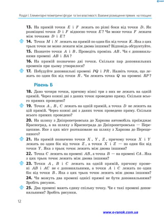 12
Розділ І. Елементарні геометричні фігури  та їхні властивості. Взаємне розміщення прямих  на площині
13.	 На прямій точки E і F лежать по різні боки від точки D. Як
розміщені точки D і F відносно точки E ? Чи може точка F лежати
між точками D і E ?
	14.	Точки M і N лежать на прямій по один бік від точки K. Яка з цих
трьох точок не може лежати між двома іншими? Відповідь обґрунтуйте.
15.	 Позначте точки A і B . Проведіть промінь AB. Чи є доповняль-
ними промені AB і BA ?
16.	 На прямій позначено дві точки. Скільки пар доповняльних
променів при цьому утворилося?
	17.	Побудуйте доповняльні промені PQ і PR . Назвіть точки, що ле-
жать по один бік від точки R . Чи лежить точка Q на промені RP?
Рівень Б
18.	 Дано чотири точки, причому ніякі три з них не лежать на одній
прямій. Через кожні дві з даних точок проведено пряму. Скільки всьо-
го прямих проведено?
	19.	Точки A , B , C лежать на одній прямій, а точка D не лежить на
цій прямій. Через кожні дві з даних точок проведено пряму. Скільки
всього прямих проведено?
20.	 На шляху з Дніпропетровська до Харкова автомобіль проїжджає
Красноград, а на шляху з Краснограда до Дніпропетровська — Пере-
щепине. Яке з цих міст розташоване на шляху з Харкова до Переще-
пиного?
	21.	На прямій позначено точки X , Y , Z , причому точки X і Y
лежать по один бік від точки Z , а точки X і Z — по один бік від
точки Y. Яка з трьох точок лежить між двома іншими?
22.	 Точка C лежить на промені AB, а точка B — на промені CA . Яка
з цих трьох точок лежить між двома іншими?
	23.	Точки A , B і C лежать на одній прямій, причому проме­
ні AB і AC не є доповняльними, а точки A і C лежать по один
бік від точки B . Яка з цих трьох точок лежить між двома іншими?
24.	 Чи можуть два промені однієї прямої не бути доповняльними?
Зробіть рисунок.
	25.	Два промені мають єдину спільну точку. Чи є такі промені допов­
няльними? Зробіть рисунки.
www.e-ranok.com.ua
 