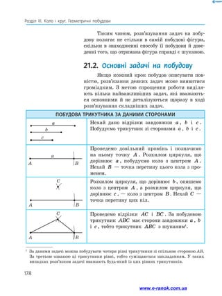 178
Розділ ІІІ. Коло і круг. Геометричні побудови
ПОБУДОВА ТРИКУТНИКА ЗА ДАНИМИ СТОРОНАМИ
Нехай дано відрізки завдовжки a , b і c .
Побудуємо трикутник зі сторонами a , b і c .
Проведемо довільний промінь і позначимо
на ньому точку A . Розхилом циркуля, що
дорівнює a , побудуємо коло з центром A .
Нехай B — точка перетину цього кола з про­
менем.
Розхилом циркуля, що дорівнює b , опишемо
коло з центром A , а розхилом циркуля, що
дорівнює c , — коло з центром B . Нехай C —
точка перетину цих кіл.
Проведемо відрізки AC і BC . За побудовою
трикутник ABC має сторони завдовжки a , b
і c , тобто трикутник ABC э шуканим1
.
C
A B
C
A B
a
b
c
a
A B
1
За даними задачі можна побудувати чотири різні трикутники зі спільною стороною АВ.
За третьою ознакою ці трикутники рівні, тобто суміщаються накладанням. У таких
випадках розв’язком задачі вважають будь-який із цих рівних трикутників.
Таким чином, розв’язування задач на побу­
дову полягає не стільки в самій побудові фігури,
скільки в знаходженні способу її побудови й дове­
денні того, що отримана фігура справді є шуканою.
21.2. Основні задачі на побудову
Якщо кожний крок побудов описувати пов­
ністю, розв’язання деяких задач може виявитися
громіздким. З метою спрощення роботи виділя­
ють кілька найважливіших задач, які вважають­
ся основними й не деталізуються щоразу в ході
розв’язування складніших задач.
www.e-ranok.com.ua
 