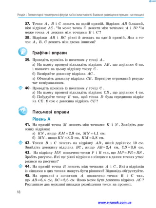18
Розділ І. Елементарні геометричні фігури  та їхні властивості. Взаємне розміщення прямих  на площині
37.	 Точки A , B і C лежать на одній прямій. Відрізок AB більший,
ніж відрізок AC . Чи може точка C лежати між точками A і B? Чи
може точка A лежати між точками B і C ?
38.	 Відрізки AB і BC рівні й лежать на одній прямій. Яка з то-
чок A, B, C лежить між двома іншими?
	 Графічні вправи
39.	 Проведіть промінь із початком у точці A .
а)	 На цьому промені відкладіть відрізок AB, що дорівнює 6 см,
і позначте на цьому відрізку точку C .
б)	 Виміряйте довжину відрізка AC .
в)	 Обчисліть довжину відрізка CB . Перевірте отриманий резуль-
тат вимірюванням.
	40.	Проведіть промінь із початком у точці C .
а)	 На цьому промені відкладіть відрізок CD , що дорівнює 4 см.
б)	 Побудуйте точку E так, щоб точка D була серединою відріз­­-
ка CE. Якою є довжина відрізка CE ?
Aa 	 Письмові вправи
Рівень А
41.	 На прямій точка M лежить між точками K і N . Знайдіть дов­
жину відрізка:
а)	 KN , якщо KM = 2 9, см, MN = 4 1, см;
б)	 MN , якщо KN = 8 3, см, KM = 5 8, см.
	42.	Точки B і C лежать на відрізку AD , який дорівнює 10 см.
Знайдіть довжину відрізка BC , якщо AB = 2 4, см, CD = 3 6, см.
43.	 На відрізку MN позначено точки P і R так, що MP PR RN= = .
Зробіть рисунок. Які ще рівні відрізки з кінцями в даних точках утво-
рилися на рисунку?
	44.	На прямій точка B лежить між точками A і C . Які з відрізків
із кінцями в цих точках можуть бути рівними? Відповідь обґрунтуйте.
45.	 На промені з початком A позначено точки B і C так,
що AB = 6 4, см, BC = 2 6, см. Якою може бути довжина відрізка AC ?
Розгляньте два можливі випадки розміщення точок на промені.
www.e-ranok.com.ua
 