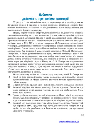 213
Додатки
Додаток 1. Про аксіоми геометрії
У розділі І ви познайомилися з елементарними геометричними
фігура­ми: точкою і прямою, а також променем, відрізком і кутом. Їхні
основні властивості — аксіоми — не доводяться, але є фундаментом для
доведення всіх інших тверджень.
Першу спробу логічно обґрунтувати геометрію за допомогою система­
тизованого переліку вихідних положень (аксіом, або постулатів) здійснив
давньогрецький математик Евклід у своїй славнозвісній книзі «Начала».
Протягом багатьох століть учені-геометри спиралися саме на евклідові
аксіоми. Але в XIX–XX ст., після створення Лобачевським неевклідової
геометрії, дослідження системи геометричних аксіом вийшли на якісно
новий рівень. Одним із тих, хто здійснив помітний внесок у вдосконалення
аксіоматики, був видатний український математик Олексій Васильович
Погорєлов. У своїй фундаментальній праці «Основи геометрії» (1983) він
розробив власну вдосконалену систему аксіом евклідової геометрії, що по­
долала низку істотних труднощів, які виникли у зв’язку з введенням по­
няття міри для відрізків і кутів. Понад те, О. В. Погорєлов запропонував
спрощений варіант геометричної аксіоматики, призначений саме для ви­
кладання геометрії в школі. Цей варіант покладено в основу підручника
«Геометрія», за яким понад чверть століття вивчали й, без сумніву, надалі
вивчатимуть геометрію в школі.
Ось яку систему аксіом шкільного курсу запропонував О. В. Погорєлов.
	I.	 Яка б не була пряма, існують точки, що належать цій прямій, і точки,
що не належать їй. Через будь-які дві точки можна провести пряму,
і тільки одну.
	II.	 Із трьох точок на прямій одна і тільки одна лежить між двома іншими.
	III.	 Кожний відрізок має певну довжину, більшу від нуля. Довжина від­
різка дорівнює сумі довжин частин, на які він розбивається будь-
якою його точкою.
	IV.	 Пряма розбиває площину на дві півплощини. Якщо кінці відрізка на­
лежать одній півплощині, то відрізок не перетинає пряму. Якщо кінці
відрізка належать різним півплощинам, то відрізок перетинає пряму.
	V.	 Кожний кут має певну градусну міру, більшу від нуля. Розгорнутий
кут дорівнює 180°. Градусна міра кута дорівнює сумі градусних мір
кутів, на які він розбивається будь-яким променем, що проходить
між його сторонами.
www.e-ranok.com.ua
 