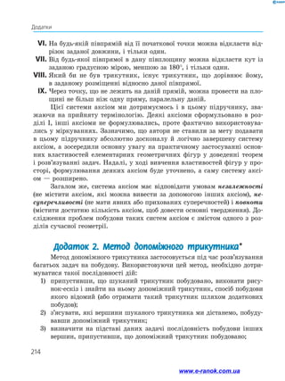 214
Додатки
	VI.	На будь-якій півпрямій від її початкової точки можна відкласти від­
різок заданої довжини, і тільки один.
	VII.	Від будь-якої півпрямої в дану півплощину можна відкласти кут із
заданою градусною мірою, меншою за 180°, і тільки один.
	VIII.	 Який би не був трикутник, існує трикутник, що дорівнює йому,
в заданому розміщенні відносно даної півпрямої.
	IX.	Через точку, що не лежить на даній прямій, можна провести на пло­
щині не більш ніж одну пряму, паралельну даній.
Цієї системи аксіом ми дотримуємось і в цьому підручнику, зва­
жаючи на прийняту термінологію. Деякі аксіоми сформульовано в роз­
ділі І, інші аксіоми не формулювались, проте фактично використовува­
лись у міркуваннях. Зазначимо, що автори не ставили за мету подавати
в цьому підручнику абсолютно досконалу й логічно завершену систему
аксіом, а зосередили основну увагу на практичному застосуванні основ­
них властивостей елементарних геометричних фігур у доведенні теорем
і розв’язуванні задач. Надалі, у ході вивчення властивостей фігур у про­
сторі, формулювання деяких аксіом буде уточнено, а саму систему аксі­
ом — розширено.
Загалом же, система аксіом має відповідати умовам незалежності
(не містити аксіом, які можна вивести за допомогою інших аксіом), не-
суперечливості (не мати явних або прихованих суперечностей) і повноти
(містити достатню кількість аксіом, щоб довести основні твердження). До­
слідження проблем побудови таких систем аксіом є змістом одного з роз­
ділів сучасної геометрії.
Додаток 2. Метод допоміжного трикутника*
Метод допоміжного трикутника застосовується під час розв’язування
багатьох задач на побудову. Використовуючи цей метод, необхідно дотри­
муватися такої послідовності дій:
1) 	 припустивши, що шуканий трикутник побудовано, виконати рису­
нок-ескіз і знайти на ньому допоміжний трикутник, спосіб побудови
якого відомий (або отримати такий трикутник шляхом додаткових
побудов);
2)	 з’ясувати, які вершини шуканого трикутника ми дістанемо, побуду­
вавши допоміжний трикутник;
3)	 визначити на підставі даних задачі послідовність побудови інших
вершин, припустивши, що допоміжний трикутник побудовано;
www.e-ranok.com.ua
 