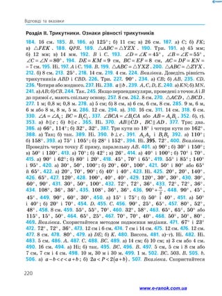 220
Відповіді та вказівки
Розділ IІ. Трикутники. Ознаки рівності трикутників
184. 16 см. 185. B. 186. а) 125° ; б) 11 см; в) 26 см. 187. а) C; б) FK;
в) FEK . 188. QPR. 189. ABC YZX= . 190. Три. 191. а) 45 мм;
б) 12 мм; в) 14 мм. 192. B і C. 193. ∠ = ∠ = °D K 45 , ∠ = ∠ = °B E 55 ,
∠ = ∠ = °C N 80 . 194. DE KM= = 9 см, BC EF= = 8 см, AC DF KN= = = 7
= 7 см. 195. Ні. 197. A і C. 198. B. 199. ABC YXZ= . 200. ABC ZYX= .
212. б) 8 см. 213. 25°. 218. 14 см. 219. 4 см. 224. Вказівка. Доведіть рівність
трикутників ABD і CBD. 226. Три. 227. 90° . 234. а) CB; б) AB. 235. СD.
236. Чотири або жодного. 237. Ні. 238. a b . 239. A, C, D, E. 240. а) KN; б) MN.
241. а) AB; б) CB. 244. Так. 245. Якщо перпендикуляри, проведені з точок A і B
до прямої c, мають спільну основу. 257. 8 см. 262. 8 см. 270. ACD, BCD .
277. 1 м; 0,8 м; 0,8 м. 278. а) 5 см; б) 8 см, в) 6 см, 6 см, 8 см. 285. 9 м, 6 м,
6 м або 8 м, 8 м, 5 м. 286. 12 см. 294. в). 310. 16 см. 311. 14 см. 318. 6 см.
330. ∠ = ∠A A1 ; BC B C= 1 1 . 337. ∠ = ∠BCA B CA1 або AB A B= 1 1 . 352. б), г).
353. а) b c ; б) b c . 365. Ні. 370. AB CD , BC AD . 377. Три; два.
386. а) 66°, 114°; б) 32°, 32°. 387. Три кути по 18° і чотири кути по 162°.
388. а) Так; б) так. 389. Ні. 390. b c⊥ . 391. A A1 2 і B B1 2 392. а) 110° ;
б) 158°. 393. а) 75° і 105°; б) 28° і 152°. 394. Ні. 395. 72° . 400. Вказівка.
Проведіть через точку Е пряму, паралельну AB. 401. а) 90° ; б) 30° і 150°;
в) 50° і 130° . 413. а) 70° ; б) 42° ; в) 26°. 414. а) 40° і 100° ; б) 70° і 70° .
415. а) 90° і 62°; б) 80° і 20°. 418. 45° , 70° і 65°. 419. 55° і 85° ; 140°
і 95° . 420. а) 30°, 50° , 100° ; б) 20°, 60°, 100° . 421. 50° і 80° або 65°
й 65°. 422. а) 20°, 70° , 90° ; б) 40° і 40° . 423. Ні. 425. 20°, 20°, 140° .
426. 65°. 427. 120°. 428. 100°, 40° , 40° . 429. 120°, 30°, 30°. 430. 30°,
60°, 90° . 431. 30°, 50° , 100° . 432. 72° , 72° , 36°. 433. 72° , 72° , 36°.
434. 108° , 36°, 36°. 435. 108° , 36°, 36°. 436. 90
2
°+
α
. 448. 90° , 45° ,
45° . 449. 90° , 60° , 30° . 450. а) 15° і 75° ; б) 50° і 40° . 451. а) 50°
і 40° ; б) 20° і 70° . 454. D. 455. С. 456. 90° , 25°, 65°. 457. 80° , 52° ,
48° . 458. 8 см. 459. 55°, 55°, 70° . 460. 32°, 58°. 463. 65°, 65°, 50° або
115° , 15° , 50° . 464. 65°, 25°. 467. 70° , 70° , 40° . 468. 50° , 50° , 80° .
469. Вказівка. Скористайтеся методом подвоєння медіани. 471. 67° і 23°
472. 72° , 72° , 36°. 473. 12 см і 6 см. 474. 7 см і 14 см. 475. 12 см. 476. 12 см.
477. 8 см. 478. 80° . 479. а) DE; б) K. 480. Висота. 481. а)–г). Ні. 482. Ні.
483. 5 см. 486. A. 487. C. 488. BC. 489. а) 14 см; б) 10 см; в) 3 см або 4 см.
490. 16 см. 494. а) Ні; б) так. 495. BC. 496. B. 497. 5 см, 5 см і 8 см або
7 см, 7 см і 4 см. 498. 10 м, 30 м і 30 м. 499. 1 м. 502. BC. 503. B. 505. b.
506. а) a b c a b−   + ; б) 2 2a P a b  +( ). 507. Вказівка. Скористайтеся
www.e-ranok.com.ua
 