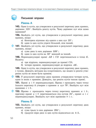 50
Розділ І. Елементарні геометричні фігури  та їхні властивості. Взаємне розміщення прямих  на площині
Aa 		Письмові вправи
	Рівень А
145.	 Один із кутів, що утворилися в результаті перетину двох прямих,
дорівнює 125° . Знайдіть решту кутів. Чому дорівнює кут між цими
прямими?
146.	Знайдіть усі кути, що утворилися в результаті перетину двох
прямих, якщо:
а)	 бісектриса відтинає від одного з них кут 23°;
б)	 один із цих кутів утричі більший, ніж інший.
	147.	Знайдіть усі кути, що утворилися в результаті перетину двох
прямих, якщо:
а)	 сума двох із них дорівнює 320° ;
б)	 один із цих кутів на 50° менший за інший.
148.	Перпендикулярні прямі AB і CD перетинаються в точці K.
Назвіть:
а)	 три відрізки, перпендикулярні до прямої CD;
б)	 чотири промені, перпендикулярні до відрізка AK.
149.	 Один із кутів, що утворилися в результаті перетину двох прямих,
є тупим. Доведіть методом від супротивного, що жоден із решти утво-
рених кутів не може бути прямим.
	150.	У результаті перетину двох прямих утворилися чотири кути,
один із яких є прямим. Доведіть, що решта кутів також прямі.
151.	 Прямі a і b перпендикулярні. Пряма с проходить через точку
їхнього перетину й утворює з прямою a кут 70°. Знайдіть кут між
прямими c і b .
	152.	Пряма c проходить через точку перетину прямих a і b ,
причому прямі a і b перетинаються під кутом 25°, прямі a і c
перпендикулярні. Знайдіть кут між прямими b і c .
	Рівень Б
153.	 Знайдіть усі кути, що утворилися в результаті перетину двох
прямих, якщо:
а)	 сума трьох із них дорівнює 295° ;
б)	 градусні міри двох із цих кутів відносяться як 4 5: .
www.e-ranok.com.ua
 