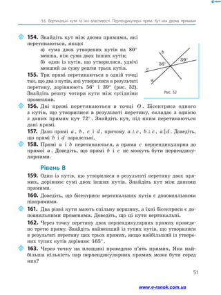 51
§ 6. Вертикальні кути та їхні властивості. Перпендикулярні прямі. Кут між двома прямими
Рис. 52
c
a
b
39°
56°
	154.	Знайдіть кут між двома прямими, які
перетинаються, якщо:
а)	 сума двох утворених кутів на 80°
менша, ніж сума двох інших кутів;
б)	 один із кутів, що утворилися, удвічі
менший за суму решти трьох кутів.
155.	 Три прямі перетинаються в одній точці
так, що два з кутів, які утворилися в результаті
перетину, дорівнюють 56° і 39° (рис. 52).
Знайдіть решту чотири кути між сусідніми
променями.
	156.	Дві прямі перетинаються в точці O . Бісектриса одного
з кутів, що утворилися в результаті перетину, складає з однією
з даних прямих кут 72° . Знайдіть кут, під яким перетинаються
дані прямі.
157.	 Дано прямі a , b , c і d , причому a c⊥ , b c⊥ , a d|| . Доведіть,
що прямі b і d паралельні.
	158.	Прямі a і b перетинаються, а пряма c перпендикулярна до
прямої a . Доведіть, що прямі b і c не можуть бути перпендику-
лярними.
	Рівень В
159.	 Один із кутів, що утворилися в результаті перетину двох пря-
мих, дорівнює сумі двох інших кутів. Знайдіть кут між даними
­прямими.
160.	Доведіть, що бісектриси вертикальних кутів є доповняльними
півпрямими.
	161.	Два рівні кути мають спільну вершину, а їхні бісектриси є до-
повняльними променями. Доведіть, що ці кути вертикальні.
162.	Через точку перетину двох перпендикулярних прямих проведе-
но третю пряму. Знайдіть найменший із тупих кутів, що утворилися
в результаті перетину цих трьох прямих, якщо найбільший із утворе-
них тупих кутів дорівнює 165° .
	163.	Через точку на площині проведено п’ять прямих. Яка най­
більша кількість пар перпендикулярних прямих може бути серед
них?
www.e-ranok.com.ua
 