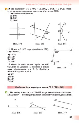 ВЗАЄМНЕ РОЗМІЩЕННЯ ПРЯМИХ НА ПЛОЩИНІ
10. На малюнку 174 ZAOC = ZBOD, ZCOK = ZDOK. Знай­
діть, якщо це можливо, градусну міру кута АОК.
A ) знайти неможливо;
Б) 80°;
B) 90°;
Г) 100°.
1
2
3
4
Мал. 172 Мал. 173
11. Прямі АВ і CD паралельні (мал. 175).
Тоді BPD = ...
A ) 100°;
Б) 110°;
B) 130°;
Г) 150°.
12. Один із двох даних кутів на 60°
більший за другий, а суміжні з ними
кути відносяться як 5:8. Знайдіть
менший з даних кутів.
A ) 60°;
Б) 80°;
B) 40°;
Г) 20°.
100°
150°
Мал. 175
Завдання для перевірки знань № 2 (§7—§10)
|р1. На якому з малюнків 176-178 зображено паралельні прямі,
а на якому — перпендикулярні? Виконайте відповідні записи.
Мал. 178
59
 