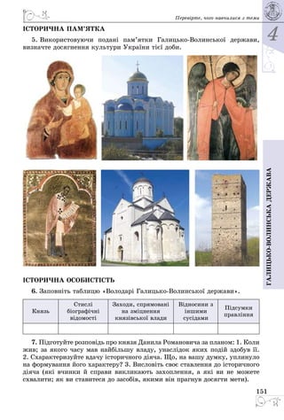 4
151
Галицько-волинськадержава
Перевірте, чого навчилися з теми
ІСТО­РИЧ­НА ПАМ’ЯТ­КА
5. Ви­ко­рис­то­ву­ю­чи по­дані пам’ят­ки Га­лиць­коВо­линсь­кої дер­жа­ви,
виз­нач­те до­сяг­нен­ня куль­ту­ри Ук­раїни тієї до­би.
   
ІСТОРИЧНА ОСОБИСТІСТЬ
6. Заповніть таблицю «Володарі ГалицькоВолинської держави».
Князь
Стислі
біографічні
відомості
Заходи, спрямовані
на зміцнення
князівської влади
Відносини з
іншими
сусідами
Підсумки
правління
7. Підготуйте розповідь про князя Данила Романовича за планом: 1. Коли
жив; за якого часу мав найбільшу владу, унаслідок яких подій здобув її.
2. Схарактеризуйте вдачу історичного діяча. Що, на вашу думку, уплинуло
на формування його характеру? 3. Висловіть своє ставлення до історичного
діяча (які вчинки й справи викликають захоплення, а які ви не можете
схвалити; як ви ставитеся до засобів, якими він прагнув досягти мети).
 