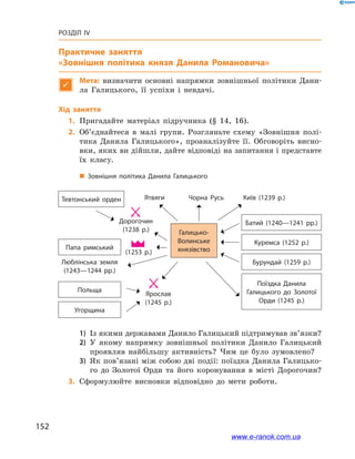 152
Розділ IV
„„ Зовнішня політика Данила Галицького
Практичне заняття
«Зовнішня політика князя Данила Романовича»

Мета: визначити основні напрямки зовнішньої політики Дани-
ла Галицького, її успіхи і  невдачі.
Хід заняття
	1.	Пригадайте матеріал підручника (§ 14, 16).
	2.	Об’єднайтеся в  малі групи. Розгляньте схему «Зовнішня полі-
тика Данила Галицького», проаналізуйте її. Обговоріть висно-
вки, яких ви дійшли, дайте відповіді на запитання і представте
їх класу.
Галицько-
Волинське
князівство
Тевтонський орден
Папа римський
Дорогочин
(1238 р.)
(1253 р.)
Ятвяги Київ (1239 р.)Чорна Русь
Люблінська земля
(1243—1244 рр.)
Ярослав
(1245 р.)
Польща
Батий (1240—1241 рр.)
Куремса (1252 р.)
Бурундай (1259 р.)
Поїздка Данила
Галицького до Золотої
Орди (1245 р.)
Угорщина
1)	 Із якими державами Данило Галицький підтримував зв’язки?
2)	 У якому напрямку зовнішньої політики Данило Галицький
проявляв найбільшу активність? Чим це було зумовлено? 
3)	 Як пов’язані між собою дві події: поїздка Данила Галицько-
го до  Золотої Орди та  його коронування в  місті Дорогочин?
	3.	Сформулюйте висновки відповідно до мети роботи.
www.e-ranok.com.ua
 