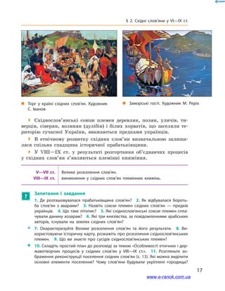 17
§ 2. Східні слов’яни у VI—IX  ст.
 Східнослов’янські союзи племен деревлян, полян, уличів, ти-
верців, сіверян, волинян (дулібів) і  білих хорватів, що заселяли те-
риторію сучасної України, вважаються предками українців.
 В етнічному розвитку східних слов’ян визначальною залиша-
лася спільна спадщина історичної прабатьківщини.
 У VIII—IX  ст. у  результаті розгортання об’єднавчих процесів
у  східних слов’ян з’являються племінні княжіння.
V—VII  ст. Велике розселення слов’ян.
VIII—IX  ст. виникнення у  східних слов’ян племінних княжінь.
?
Запитання і  завдання
1. Де розташовувалася прабатьківщина слов’ян? 2. Як відбувалася бороть­
ба слов’ян з  аварами? 3. Назвіть союзи племен східних слов’ян  — предків
українців. 4. Що таке літопис? 5. Які східнослов’янські союзи племен спла­
чували данину хозарам? 6. Які три князівства, за повідомленнями арабських
авторів, існували на землях східних слов’ян?
ŽŽ 7. Охарактеризуйте Велике розселення слов’ян та його результати. 8.  Ви­
користовуючи історичну карту, розкажіть про розселення східно­слов’ян­ських
племен. 9. Що ви знаєте про сусідів східнослов’янських племен?
 10. Складіть простий план до розповіді за темою «Особливості етнічних і дер­
жавотворчих процесів у  східних слов’ян у  VIII—IX  ст.». 11. Розгляньте зо­
браження реконструкції поселення східних слов’ян (с. 13). Які можна виділити
основні елементи поселення? Чому слов’яни будували укріплені городища?
„„ Торг у  країні східних слов’ян. Художник
С. Іванов
„„ Заморські гості. Художник М. Реріх
www.e-ranok.com.ua
 