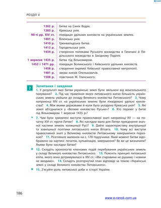 186
Розділ V
1362  р. битва на Синіх Водах.
1385  р. Кревська унія.
90-ті рр. ХІV  ст. ліквідація удільних князівств на українських землях.
1401  р. Віленська унія.
1410  р. Грюнвальдська битва.
1413  р. Городельська унія.
1434  р. створення поляками Руського воєводства в  Галичині й  По­
дільського воєводства в  Західному Поділлі.
1  вересня 1435  р. битва під Вількомиром.
1452  і  1471  рр. ліквідація Волинського і  Київського удільних князівств.
1458  р. створення окремої Київської православної митрополії.
1481  р. змова князів Олельковичів.
1508  р. повстання М. Глинського.
?
Запитання і  завдання
1.  У результаті якої битви українські землі були звільнені від монгольського
панування? 2.  Під час правління якого литовського князя більшість україн­
ських земель увійшли до складу Великого князівства Литовського? 3.  Чому
наприкінці ХІV  ст. на українських землях були ліквідовані удільні князів­
ства? 4. Між якими державами й коли була укладена Кревська унія? 5. Які
землі об’єдналися у  «Велике князівство Руське»? 6.  Хто переміг у  битві
під  Вількомиром 1 вересня 1435 р.? 
ŽŽ 7.  Чим були зумовлені виступи православної знаті наприкінці ХV  — на по­
чатку ХVІ ст. проти Литви?  8. Які наслідки мало для Литви приєднання знач­
ної частини земель колишньої Русі? 9.  Дайте характеристику внутрішньої
та зовнішньої політики литовського князя Вітовта. 10.  Чому всі виступи
православної знаті у  Великому князівстві Литовському завершилися пораз­
кою? 11. Розгляньте малюнок на с. 178 підручника. Який момент битви відо­
бражено на картині: початок, кульмінацію, завершення? Як ви це визначили?
Якими були наслідки битви?
 12.  Складіть хронологію ключових подій перебування українських земель
у складі Великого князівства Литовського. 13. Поясніть принцип литовської
еліти, якого вона дотримувалася в ХІV ст.: «Ми старовини не рушимо і новини
не вводимо». 14. Складіть розгорнутий план відповіді за темою «Українські
землі у  складі Великого князівства Литовського».
 15.  З’ясуйте роль литовської доби в  історії України.
www.e-ranok.com.ua
 