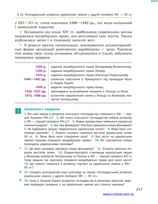 217
§ 22. Господарський розвиток українських земель у  другій половині ХІV — ХV  ст.
у ХІV—ХV ст. стали повстання 1490—1492 рр., які мали соціальний
і  визвольний характер.
 Починаючи від кінця XIV  ст. найбільшим українським містам
надавалося магдебурзьке право, яке регулювало їхнє життя. Також
відбувалися зміни і  в становищі жителів міст.
 У ремеслі зростає спеціалізація, поширюються західноєвропей-
ські форми організації ремісничого виробництва  — цехи. Торгівля
теж зазнає змін: купці починають об’єднуватися в гільдії, набувають
поширення ярмарки.
1324  р. надання магдебурзького права Володимиру-Волинському.
1356  р. надання магдебурзького права Львову.
1374  р. надання магдебурзького права Кам’янцю-Подільському.
1490—1492  рр. селянські повстання в  Прикарпатті під проводом Мухи
й  Андрія Борулі.
1499  р. надання магдебурзького права Києву.
1520, 1557  рр. законодавче встановлення панщини в  Польщі та Литві.
1573, 1588 рр. остаточне закріпачення селян у  Польщі та Великому кня­
зівстві Литовському.
?
Запитання і  завдання
1. Які нові явища в розвитку сільського господарства з’явилися в ХІV — пер­
шій половині ХVІ  ст.? 2. Які галузі сільського господарства набули розвитку
в ХІV — першій половині ХVІ ст.? 3. Якими промислами займалися українські
селяни й міщани? 4. Що таке фільварок? Чим була зумовлена поява фільварків?
5. Як відбувався процес закріпачення українських селян? 6. Яким було ста­
новище кріпаків? 7.  Назвіть основні соціальні виступи українських селян
ХV  ст. 8.  Якою була мета створення цеху? 9.  Яке місто на українських
землях першим отримало магдебурзьке право? 10.  Які торговельні шляхи
проходили українськими землями? 
ŽŽ 11. До яких наслідків призвела поява фільварків? 12. З’ясуйте причини по­
разок виступів селян. 13.  Охарактеризуйте становище українських міщан
у Великому князівстві Литовському та Польщі в ХІV — першій половині ХVІ ст.
Чому міщани так прагнули отримати магдебурзьке право для свого міста?
14.  Що нового з’явилося в  розвитку торгівлі на українських землях у  ХІV—
ХV  ст.?
 15.  Складіть розгорнутий план розповіді за темою «Господарський розвиток
українських земель у  другій половині ХІV — ХV  ст.».
 16. Чому в Західній Європі розвиток господарства й ринкових відносин зумо­
вив ліквідацію панщини, а  на українських землях усе сталося навпаки?
www.e-ranok.com.ua
 