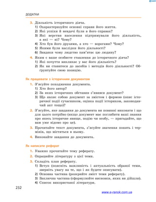 232
ДодатКи
	3.	Діяльність історичного діяча.
1)	 Охарактеризуйте основні справи його життя.
2)	 Які успіхи й  невдачі були в  його справах?
3)	 Які верстви населення підтримували його діяльність,
а  які  — ні? Чому?
4)	 Хто був його друзями, а  хто  — ворогами? Чому?
5)	 Якими були наслідки його діяльності?
6)	 Завдяки чому людство пам’ятає цю людину?
	4.	Яким є  ваше особисте ставлення до історичного діяча?
1)	 Які почуття викликає у  вас його діяльність?
2)	 Як ви ставитеся до засобів і  методів його діяльності? Об-
ґрунтуйте свою позицію.
Як працювати з  історичним документом
	1.	З’ясуйте походження документа.
1)	 Хто його автор?
2)	 За яких історичних обставин з’явився документ?
3)	 Що являє собою документ за змістом і  формою (опис істо-
ричної події сучасником, оцінка події істориком, законодав-
чий акт тощо)?
	2.	З’ясуйте, яке завдання до документа ви повинні виконати і що
для цього потрібно (якщо документ має поглибити ваші знання
про якесь історичне явище, подію чи особу, — пригадайте, що
вам уже відомо про це).
	3.	Прочитайте текст документа, з’ясуйте значення понять і  тер-
мінів, що містяться в  ньому.
	4.	Виконайте завдання до документа.
Як написати реферат
	1.	Уважно прочитайте тему реферату.
	2.	Опрацюйте літературу з  цієї теми.
	3.	Складіть план реферату.
1)	 Вступ (поясніть важливість і  актуальність обраної теми,
зверніть увагу на те, що і  як будете описувати).
2)	 Основна частина (розкрийте зміст теми реферату).
3)	 Заключна частина (сформулюйте висновки, яких ви дійшли).
4)	 Список використаної літератури.
www.e-ranok.com.ua
 