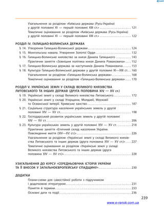239
	 Узагальнення за розділом «Київська держава (Русь-Україна)
у  другій половині XI  — першій половині ХІІІ  ст.» . . . . . . . . . . . . . . . . . . . . . . . . 121
	 Тематичне оцінювання за розділом «Київська держава (Русь-Україна)
у  другій половині XI  — першій половині ХІІІ  ст.» . . . . . . . . . . . . . . . . . . . . . . . . 122
Розділ IV. Галицько-Волинська держава
§ 14.	Утворення Галицько-Волинської держави . . . . . . . . . . . . . . . . . . . . . . . . . . . . . . . . 124
§ 15.	Монгольська навала. Утворення Золотої Орди . . . . . . . . . . . . . . . . . . . . . . . . . . . 132
§ 16.	Галицько-Волинське князівство за князя Данила Галицького . . . . . . . . . . . . 143
	 Практичне заняття «Зовнішня політика князя Данила Романовича» . . . . . 152
§ 17.	Галицько-Волинська держава за наступників Данила Романовича  . . . . . . 153
§ 18.	Культура Галицько-Волинської держави у  другій половині ХІ—ХІІІ ст.  . . 160
	 Узагальнення за розділом «Галицько-Волинська держава» . . . . . . . . . . . . . . 168
	 Тематичне оцінювання за розділом «Галицько-Волинська держава» . . . . . 170
Розділ V. Українські землі у  складі Великого князівства
Литовського та інших держав (друга половина ХІV — ХV  ст.)
§ 19.	Українські землі у  складі Великого князівства Литовського . . . . . . . . . . . . . 172
§ 20.	Українські землі у  складі Угорщини, Молдавії, Московії
та Османської імперії. Кримське ханство . . . . . . . . . . . . . . . . . . . . . . . . . . . . . . . . . 187
§ 21.	Соціальна структура населення українських земель у  другій
половині ХІV — ХV  ст. . . . . . . . . . . . . . . . . . . . . . . . . . . . . . . . . . . . . . . . . . . . . . . . . . . . . 198
§ 22.	Господарський розвиток українських земель у  другій половині
ХІV — ХV  ст. . . . . . . . . . . . . . . . . . . . . . . . . . . . . . . . . . . . . . . . . . . . . . . . . . . . . . . . . . . . . . . . 206
§ 23.	Культура українських земель у  другій половині ХІV — ХV  ст. . . . . . . . . . . . 218
	 Практичне заняття «Етнічний склад населення України.
Повсякденне життя (ХІV—ХV ст.)» . . . . . . . . . . . . . . . . . . . . . . . . . . . . . . . . . . . . . . . . . 226
	 Узагальнення за розділом «Українські землі у складі Великого князів-
ства Литовського та інших держав (друга половина ХІV — ХV  ст.)» . . . . . 227
	 Тематичне оцінювання за розділом «Українські землі у  складі
Великого князівства Литовського та інших держав (друга
половина ХІV — ХV  ст.)» . . . . . . . . . . . . . . . . . . . . . . . . . . . . . . . . . . . . . . . . . . . . . . . . . . 228
Узагальнення до курсу «Середньовічна історія України
та її внесок у  загальноєвропейську спадщину» . . . . . . . . . . . . . . . . . . . . . . . . 230
Додатки
	 Плани-схеми для самостійної роботи з  підручником
і  додатковою літературою  . . . . . . . . . . . . . . . . . . . . . . . . . . . . . . . . . . . . . . . . . . . . . . . . 231
	 Поняття й терміни . . . . . . . . . . . . . . . . . . . . . . . . . . . . . . . . . . . . . . . . . . . . . . . . . . . . . . . . 233
	 Основні дати та події . . . . . . . . . . . . . . . . . . . . . . . . . . . . . . . . . . . . . . . . . . . . . . . . . . . . . 236
www.e-ranok.com.ua
 