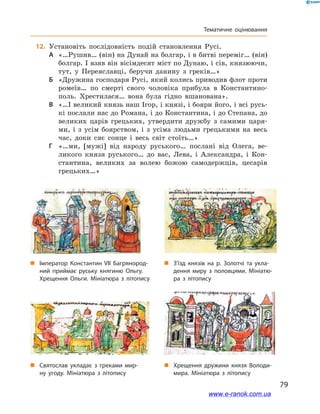 79
Тематичне оцінювання
	12.	 Установіть послідовність подій становлення Русі.
А	 «…Рушив… (він) на Дунай на болгар, і в битві переміг… (він)
болгар. І взяв він вісімдесят міст по Дунаю, і сів, князюючи,
тут, у  Переяславці, беручи данину з  греків…»
Б	 «Дружина господаря Русі, який колись приводив флот проти
ромеїв… по смерті свого чоловіка прибула в  Константино-
поль. Хрестилася… вона була гідно вшанована».
В	 «…І великий князь наш Ігор, і князі, і бояри його, і всі русь-
кі послали нас до Романа, і до Константина, і до Степана, до
великих царів грецьких, утвердити дружбу з  самими царя-
ми, і  з усім боярством, і  з усіма людьми грецькими на весь
час, доки сяє сонце і  весь світ стоїть…»
Г	 «…ми, [мужі] від народу руського… послані від Олега, ве-
ликого князя руського… до вас, Лева, і  Александра, і  Кон-
стантина, великих за волею божою самодержців, цесарів
грецьких…»
„„ Хрещення дружини князя Володи­
мира. Мініатюра з літопису
„„ Святослав укладає з греками мир­
ну угоду. Мініатюра з літопису
„„ З’їзд князів на р. Золотчі та укла­
дення миру з половцями. Мініатю­
ра з літопису
„„ Імператор Константин VII Багрянород­
ний приймає руську княгиню Ольгу.
Хрещення Ольги. Мініатюра з літопису
www.e-ranok.com.ua
 