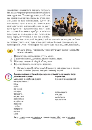 доводиться домагатися якихось результа
тів, долаючи різні труднощі й перемагаючи
своє друге «я». Те саме друге «я», яке благає
вас вранці полежати в ліжку ще п’ять хви
лин, хоча ви вже спізнюєтеся. Це те «я»,
яке змушує купити ще одне тістечко, хоча
ви вчора твердо вирішили більше не купу
вати. Це те «я», що заспокоює вас: «Та ну,
не так вже й важко — прибрати за інши
ми», хоча ви точно знаєте, що сьогодні не
ваша черга, й усередині у вас все кипить.
Це друге «я» є в кожної людини, і майже кожен із нас щодня, по бага
то разів вступає з ним у суперечку. Але хоч вас і «два в одному», але ви —
такиперший.Отожігосподарем собімаєтебутисамеви(ЗаВ.Володіним).
1. Спишіть слова. Підкресліть у кожному рядку «зайве» слово. По
ясніть свій вибір.
1. Намагатися, дорослішаю, вчусь, мрію.
2. Удосконалюючи, долають, спрямовують, вірю.
3. Житиму, поважай, цінуй, збагнувши.
4. Іду, сподіваюсь, досягнуто, працюю.
2. Напишіть твір (8–10 речень) «Я виховую свій характер» з дієсло
вами особової форми, використаними у вправі.
Складений дієслівний присудок складається з двох слів:
допоміжне слово інфінітив
(дієслово в особовій формі (неозначена форма)
чи прислівник)
хочу
умію
почнемо
можуть
бажають +
перестали
закінчимо
пробують
повинен
треба
потрібно
можна
маю
Якщо хочеш щось отримати, спочатку потрібно щось віддати.
37
відповідати
писати
дивитися
прочитати
63
 
