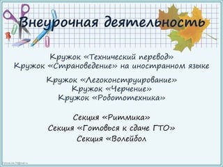 FokinaLida.75@mail.ru
Внеурочная деятельность
Кружок «Технический перевод»
Кружок «Страноведение» на иностранном языке
Кружок «Легоконструирование»
Кружок «Черчение»
Кружок «Робототехника»
Секция «Ритмика»
Секция «Готовься к сдаче ГТО»
Секция «Волейбол
 