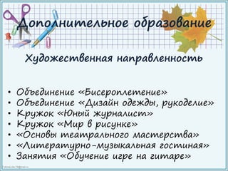 FokinaLida.75@mail.ru
Дополнительное образование
Художественная направленность
• Объединение «Бисероплетение»
• Объединение «Дизайн одежды, рукоделие»
• Кружок «Юный журналист»
• Кружок «Мир в рисунке»
• «Основы театрального мастерства»
• «Литературно-музыкальная гостиная»
• Занятия «Обучение игре на гитаре»
 