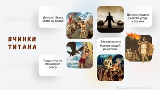 Допоміг людям
укласти угоду
з богами
Викрав вогонь
Навчив людей
ремеслам
Гордо зносив
покарання
Зевса
Допоміг Зевсу
стати до влади
©Химинець А.А. https://svitliteraturu.com/
 