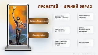висока мета
розум,
волелюбність,
сила духу
протистояння
тиранам
самопожертва
заради щастя
людей
прагнення
до пізнання
шляхетність
почуттів і вчинків
©Химинець А.А. https://svitliteraturu.com/
Вогонь Прометея
Boris Vallejo «Prometheus»
Прометеїзм
 