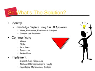 So What’s The Solution?
• Identify
– Knowledge Capture using F.A.I.R Approach
• Ideas, Processes, Examples & Samples
• Current Use Practices
• Communicate
• Vision
• Skills
• Incentives
• Resources
• Action Plan
• Implement
• Current Audit Processes
• Tie Mgmt Compensation to results
• Knowledge Management System
 