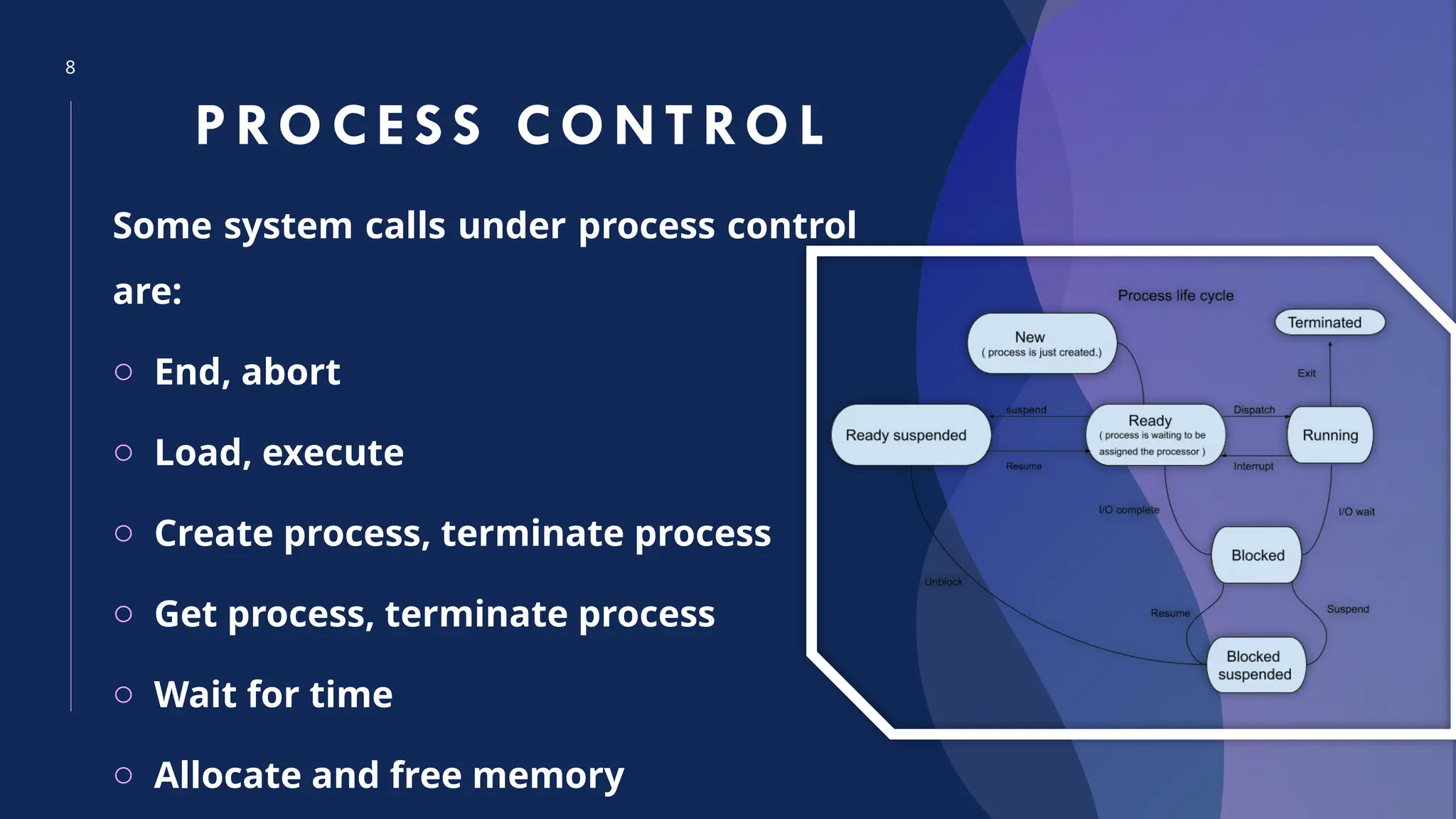 8
PROCES S CONTROL
Some system calls under process control
are:
o End, abort
o Load, execute
o Create process, terminate process
o Get process, terminate process
o Wait for time
o Allocate and free memory
 