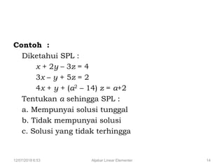 12/07/2018 6:53 Aljabar Linear Elementer 14
Contoh :
Diketahui SPL :
x + 2y – 3z = 4
3x – y + 5z = 2
4x + y + (a2 – 14) z = a+2
Tentukan a sehingga SPL :
a. Mempunyai solusi tunggal
b. Tidak mempunyai solusi
c. Solusi yang tidak terhingga
 